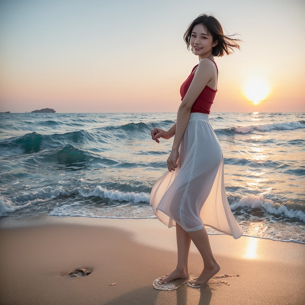 Soft red light at sunset on the beach,A soft lingering scent is reflected in the sea., Beautiful 36-year-old short Korean woman, Chest size 34 inches, Wear white short sleeves and sleeveless tops, lightweight mid length skirt. beautiful pretty woman look , wearing a light skirt , Go far into the sea water and dip your toes., Short medium hair blowing in the wind, 1 woman, beautiful eyes, Smiling, Full-body photo taken from afar with a wide-angle lens, The background is clean and perfect., the waves are coming, short woman