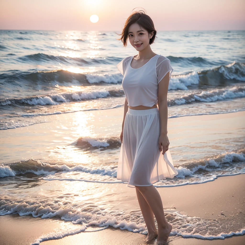 Soft red light at sunset on the beach,A soft lingering scent is reflected in the sea., Beautiful 36-year-old short Korean woman, Chest size 34 inches, Wear white short sleeves and sleeveless tops, lightweight mid length skirt. beautiful pretty woman look , wearing a light skirt , Go far into the sea water and dip your toes., Short medium hair blowing in the wind, 1 woman, beautiful eyes, Smiling, Full-body photo taken from afar with a wide-angle lens, The background is clean and perfect., the waves are coming, short woman
