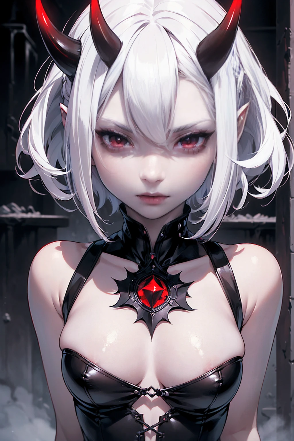 frontal photo(portrait) of a woman(solo, succubus, short hair, wavy hair, white hair, pale skin, small nose, red eyes, cruel face, black horns, sadistic, violent, evil, perverted, grim, cold), hentai game, anime, best quality, masterpiece, maximum detail, high resolution
