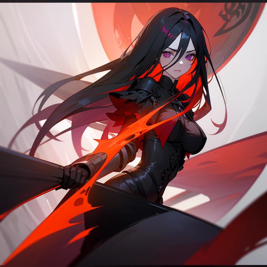 Adult female with cool red-purple heterochromia eyes, beautiful woman, perfect face, wearing a red dress, long black hair (top quality, 8k, high, masterpiece), highly detailed facial features, intricate details, natural lighting, warm color, soft focus, digital painting, fantasy art, silhouette, red light, eerie atmosphere, foggy, Scythe, weapon, red aura, black particles, big breasts.