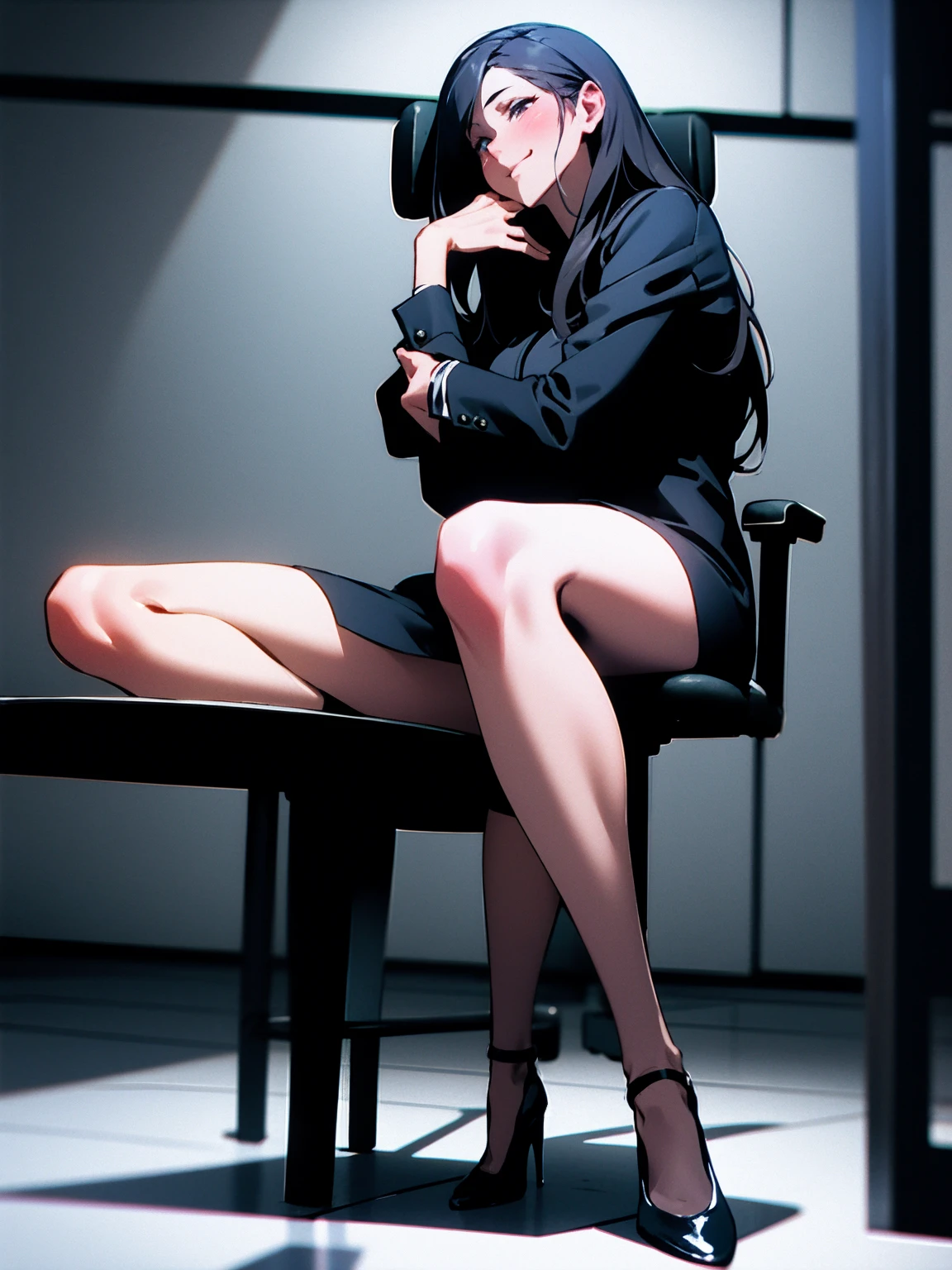 非常に短いスカートとシームストッキングを履いた美しくセクシーな秘書of全身写真, (stand_straight), ((一人in)), Adult, in_of_office, High heels, Craving sex, Petting_Herself