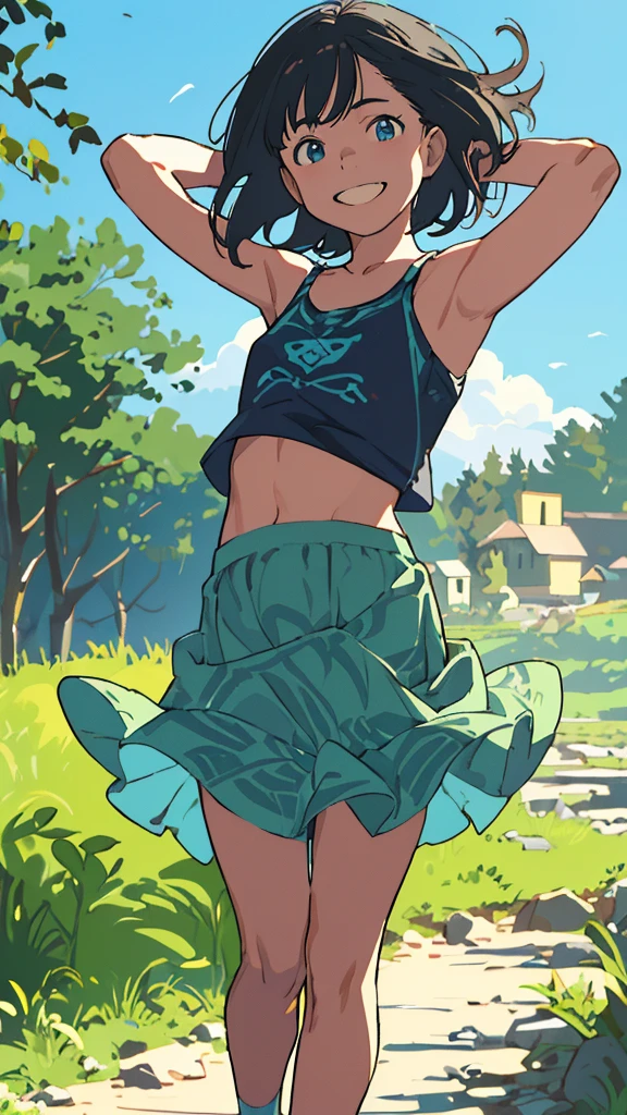 reasonable design, Clear lines, High Sharpness, (highest quality,8K,Perfect sharpness,Ultra fine,High resolution,masterpiece:1.2), Perfect Anatomy:1.5, Official Art, Illustrations that tell a story, (Whitish background:0. 9）、Body Positivity、More Mr.Physical expression、（Random and mischievous poses）、Perfect beauty、Perfect beautiful face、Strong winds、A rich expression、Dynamic composition、smile、Golden ratio composition、colorful、（Mr.Different angles and perspectives）、anime art、mini skirt、（Overcoming stereotypes）、 Glowing Skin、（Natural beauty）、smile、bangs、Straight Hair、（Soft and flowing hair）、（Rural Scenery）、（Nostalgic atmosphere）、Insert up to the thighs、（Playful and carefree）、（More Mr.Ethnic characters）、（innocent attitude）、（Sunny atmosphere）、Skirt flipped up、（Bright colors）、Belly button exposed、Beautiful Eyes、A skirt fluttering in the wind、Put it in to your feet、Some composition patterns、Tank top、ル、sensuous、Geometric pattern、
