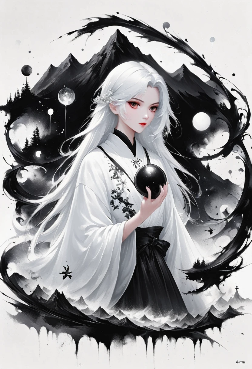 (Lots of white space:1.5)，(Lots of white space around:1.6), White background, simple, Minimalism, Abstract,Hand Painted，Aesthetic，black and white，Ink Painting，，a mountain，Magician, Holding a magic ball in hand ,A beautiful artistic illustration, author：Li Song, Arte no estilo de Gu Weiss, Shin Jin Hye, Obra-prima de Gu Weiss, Ross Figure 1. 0, Beautiful digital illustrations, Inspired by Non-WLOP, Cute and lovely digital art, jingna zhang, Gu Weiss, Stunning digital illustrations