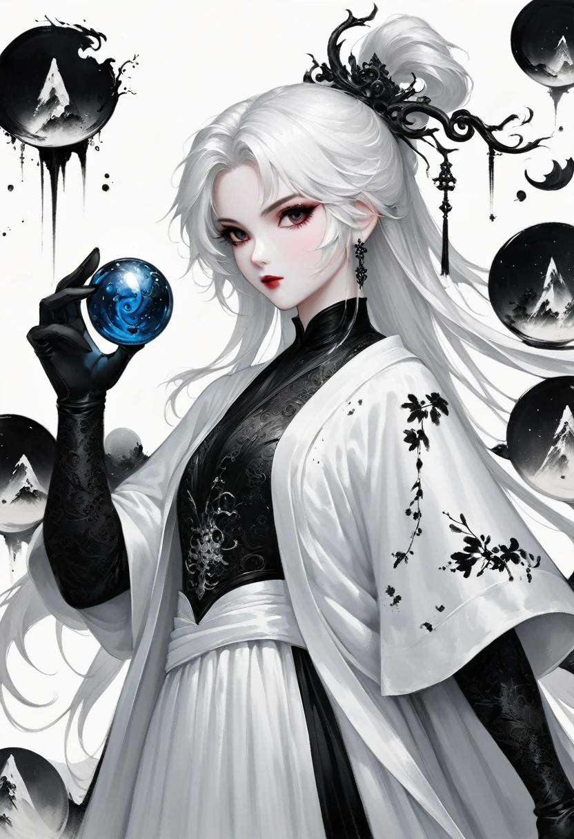 (Lots of white space:1.5),(Lots of white space around:1.6), White background, simple, Minimalism, Abstract,Hand Painted,Aesthetic,black and white,Ink Painting,,a mountain,Magician, Holding a magic ball in hand ,A beautiful artistic illustration, author:Li Song, Arte no estilo de Gu Weiss, Shin Jin Hye, Obra-prima de Gu Weiss, Ross Figure 1. 0, Beautiful digital illustrations, Inspired by Non-WLOP, Cute and lovely digital art, jingna zhang, Gu Weiss, Stunning digital illustrations