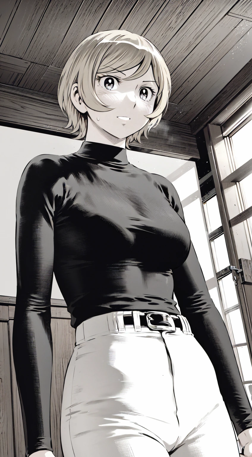 、(masterpiece、Highest quality)、Highest quality, Ultra-high resolution, (((masterpiece))), alone, Sweat、Big eyes,Tight black shirt、Tight white pants、belt、indoor、Composition from the front、(Cut the back hair short、short hair、blonde、woman)、Shortcuts、Embarrassed face、Cut your hair short、可愛いwomanの子、Big Breasts、Inside the room、Full Color、Baseball uniform