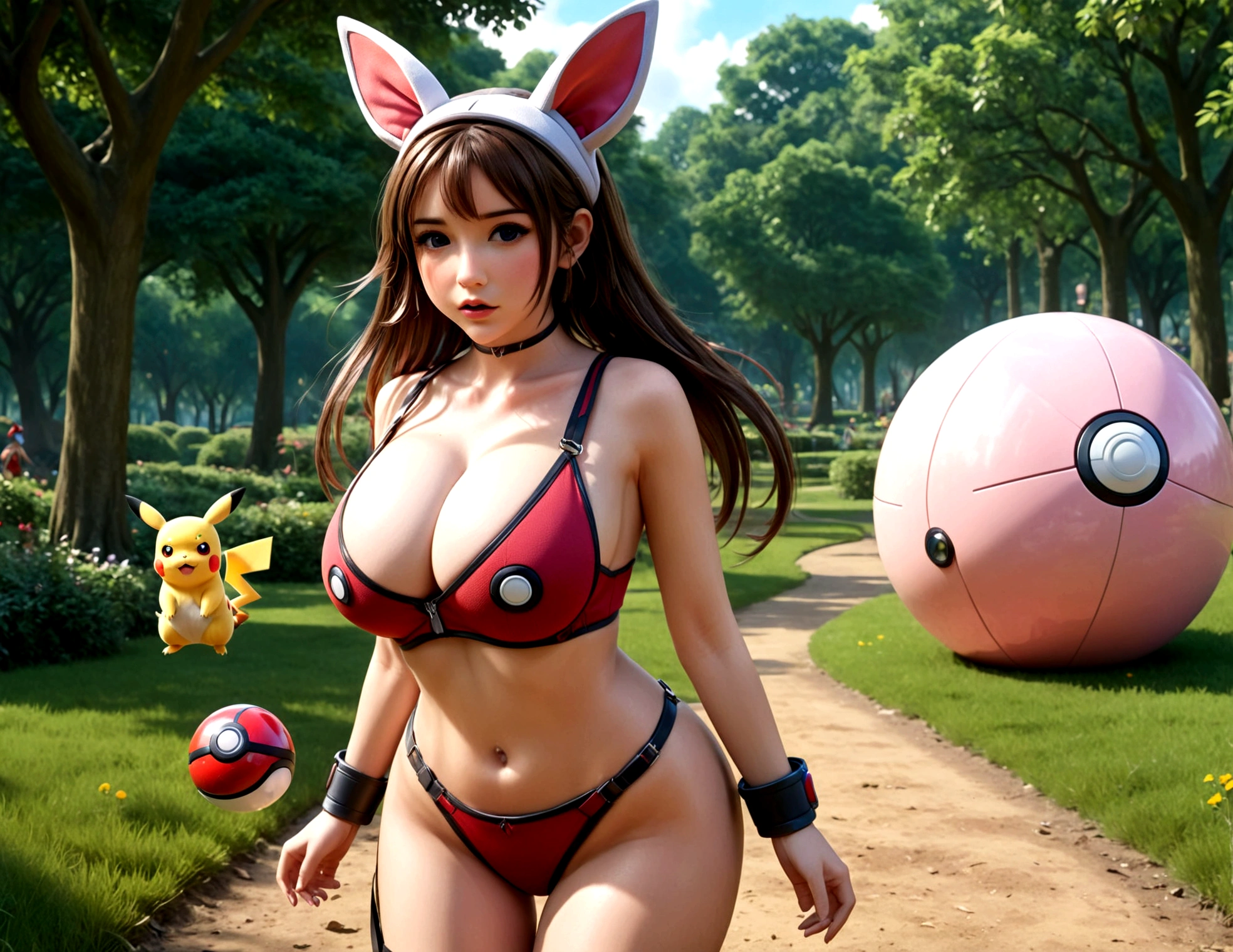 (subject 1:cute woman pokemon trainer) determined look, has tossed a pokeball which releases (subject 2: woman, mega busty, well defined vagina, in pokemon boots and ears, confused and embarrassed, attempting to hand bra) crowded park in daytime, (best quality,4k,8k,highres,masterpiece:1.2),ultra-detailed,(realistic,photorealistic,photo-realistic:1.37),8k, hyperrealistic, extremely detailed, highly detailed, intricate details, soft lighting, vibrant colors, warm palette, dynamic composition, cinematic lighting, depth of field, stunning visuals, striking pose, photorealistic, professional quality, digital art, 3D render, concept art, fantasy, magical realism, whimsical, playful, humorous