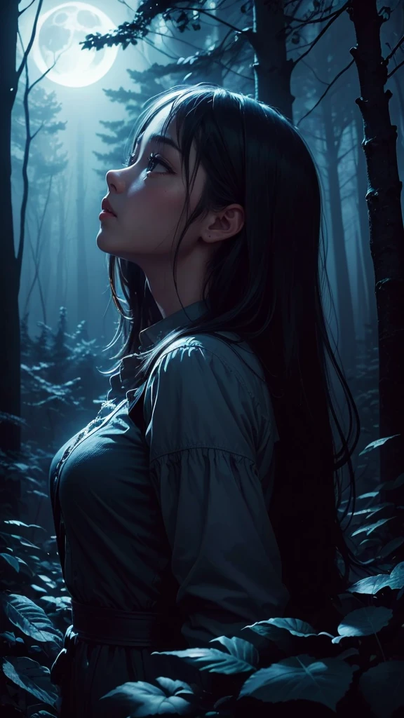 ((masterpiece)),((Highest quality)),((Lots of details)),((Realistic feel)), ((look up)), Pitch Black, night, Deep in the forest, Moonlight shines, (Cool blue shade), Perfect girl silhouette, Sharp focus, High Sky, Dim and dim, High Contrast