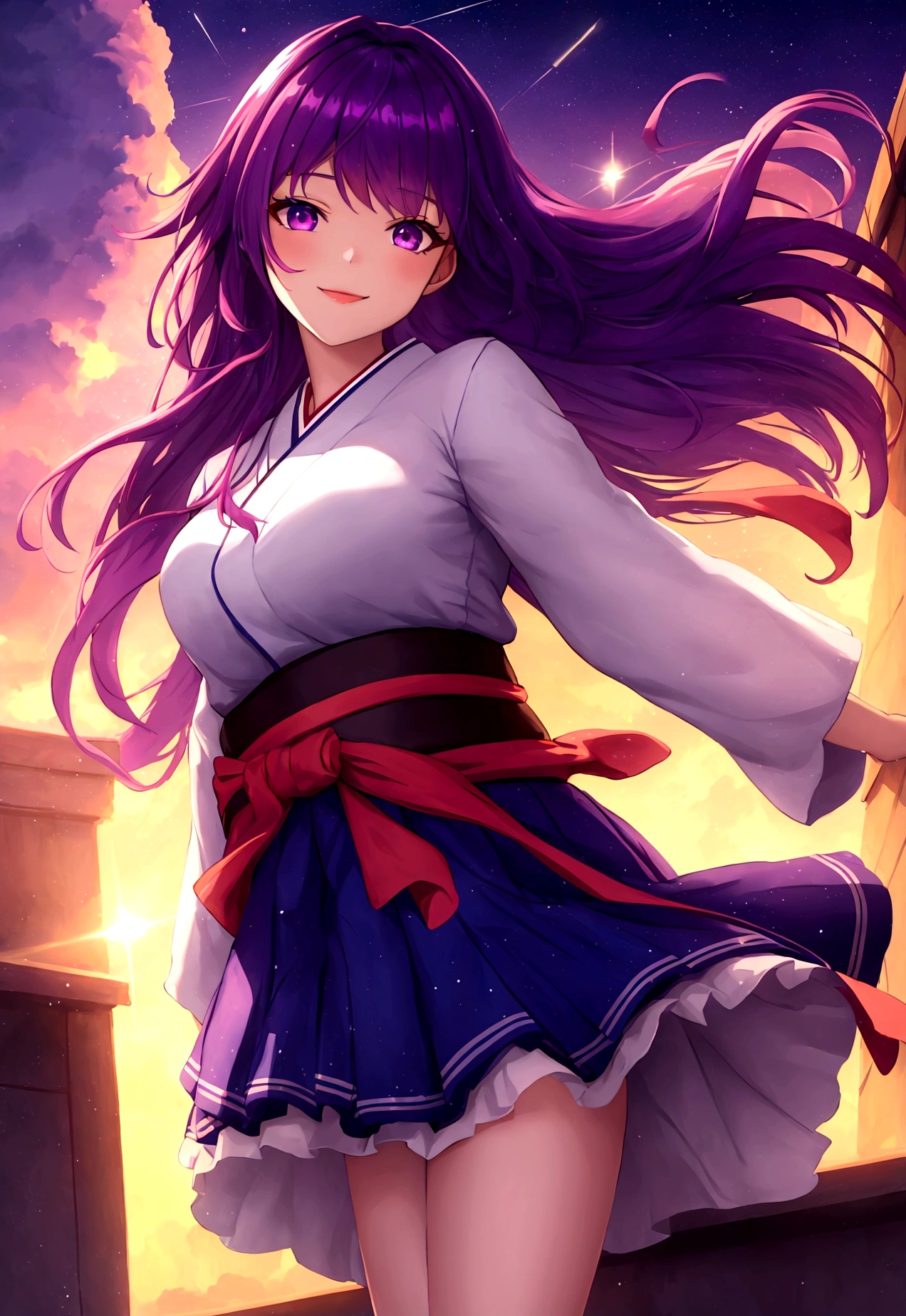 masterpiece, best quality, dynamic fantasy portrait illustration of a Modern Girl in a Japanese school outfit standing on the school roof looking up at the starry sky, Dark long purple hair, purple eyes with orange shading, swaying hair in the wind, Skirt swaying in the wind, shirt lightly swaying with the wind, floating hair, lace trim, warm soft lighting, slight smile, sunset, cloudy sky, (light particles:1.1), volumetric lighting, sparkle, sparkling, star, glittering, expressive, iridescent