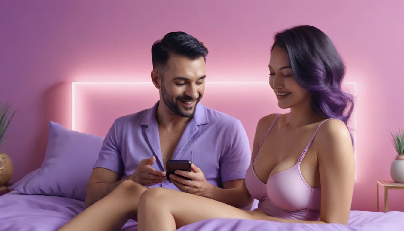 woman wearing bra doing erotic massage to a man on a bed using, she is watching smartphone, while she doing massage she use smartphone, smartphone in her hand, sensually, orgasm, mans mouth flirtingly smiling, liquid drops, skin, minimalistic, in a light purple and pink style, with soft edges and blurred details, with a 3D render, on a colorful background, with a minimalist stage design, in a surreal style, with a cinema4D rendering, with a minimalist style, with low saturation, using gradient colors, with a cinema4D rendering, with a blender rendering, with super detail, at a super high resolution, at a super high definition, 4K
