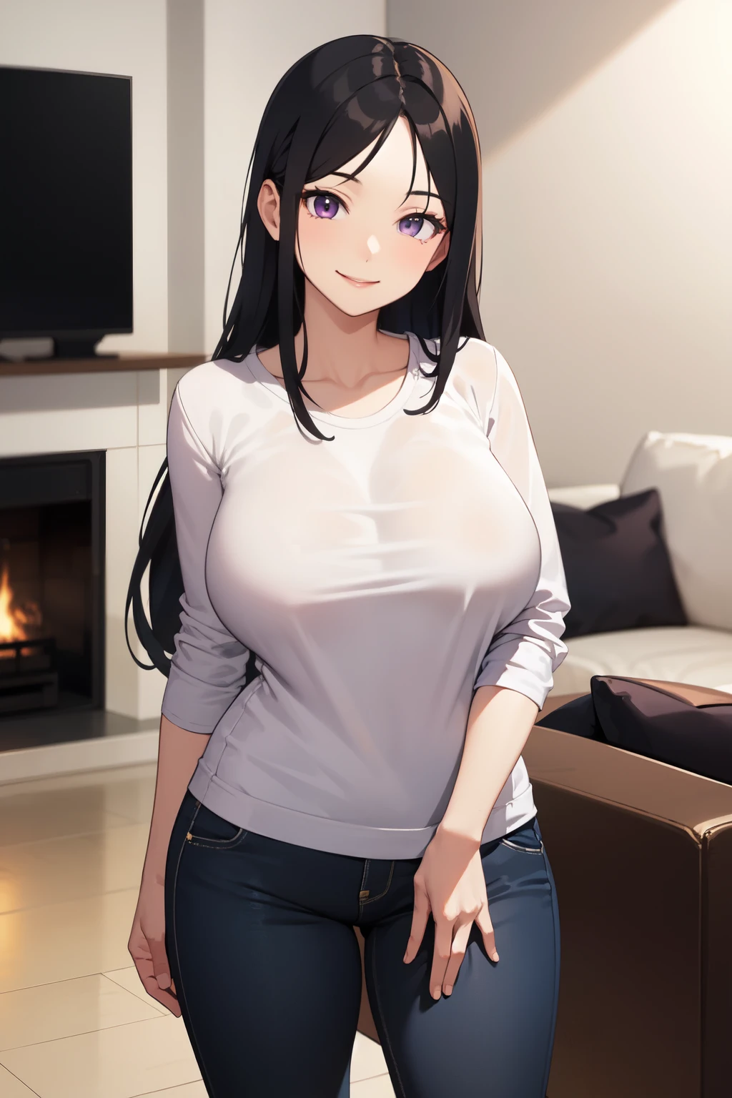 Beautiful mother, big breasts, 40 years old, long hair, black hair, purple eyes, smiling, wearing a short-sleeved t-shirt. Wearing long pants, standing in the living room, in the house, at home, alone.