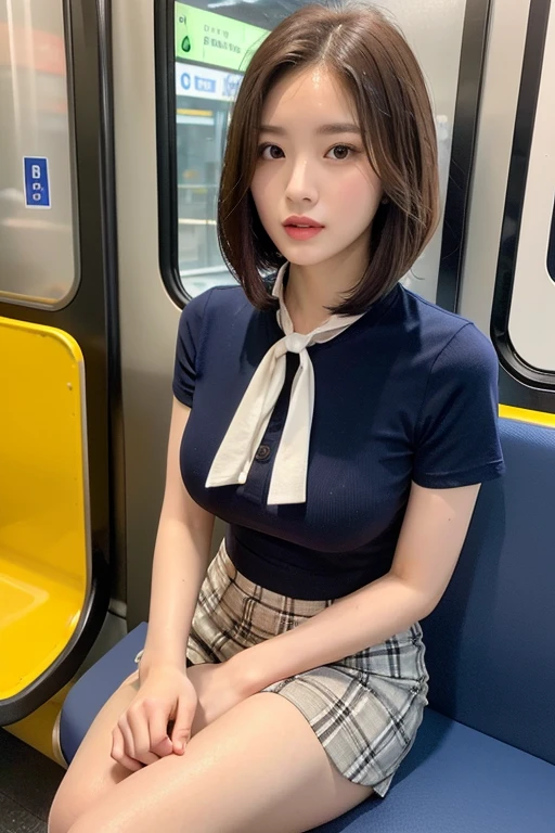 "A gorgeous Japanese lady, age 25, in a Tokyo train at night, wearing wet white tight short-sleeve blouse, loosen plaid tie & pink pleated skirt, confident poised demeanor, youthful smooth complexion, feminine, asymmetrical face, beautiful detailed eyes, long eyelashes, detailed lips, perfect body proportions, ample round bosom, short bob hair, smooth legs, Sports Shoes, Bokeh background, High Angle Shot, (best quality,4k,8k,highres,masterpiece:1.2),ultra-detailed,(realistic,photorealistic,photo-realistic:1.37),HDR,UHD,studio lighting,ultra-fine painting,sharp focus,physically-based rendering,extreme detail description,professional,vivid colors)"
