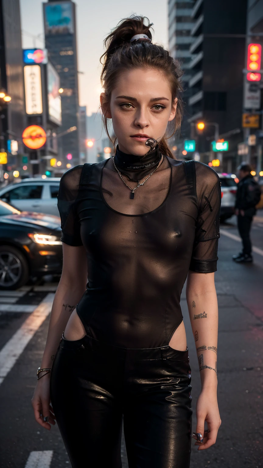 (masterpiece), (photorealistic1.4), (epiCRealLife), (epiCFlashPhoto), (ponytail), (Kristen Stewart), (young woman), (on the street), (fashion outfit), (close up), (flashphoto), (flash photography), (make up), (laugh), (at night), (in cyberpunk bodysuit), (cowboy shots), (kst3w-v2)