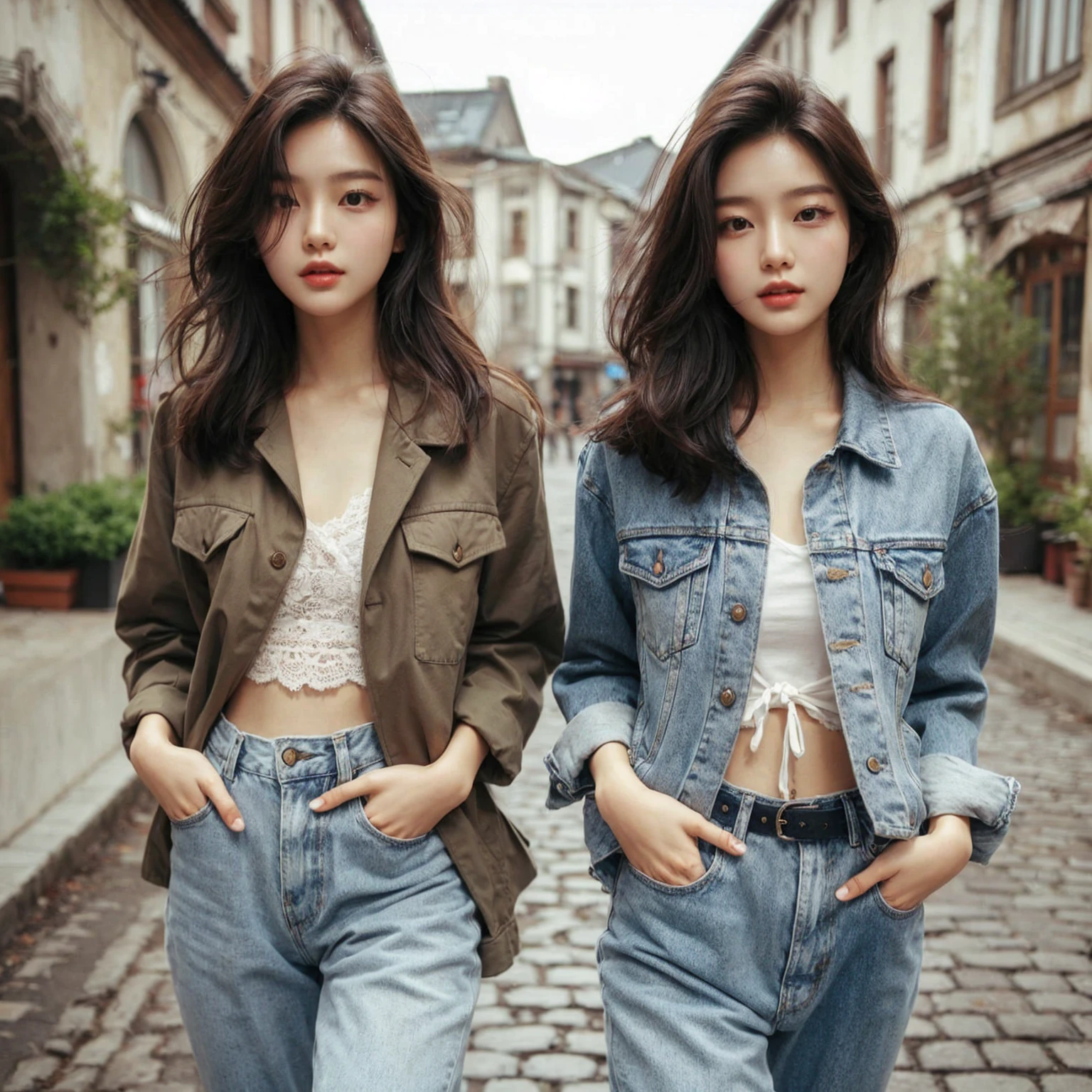 Beautiful young Korean female walking confidently down a cobblestone street in casual, stylish outfits with jackets, shirts, and jeans. The backdrop is a vintage urban setting with buildings and greenery, blending modern style with a cool urban vibe.