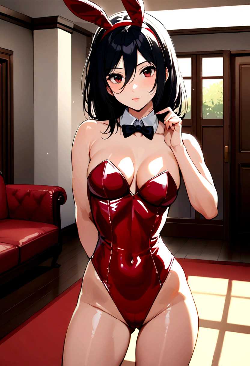 Mikasa Ackerman, , long hair, face looking at viewer, sexynny, playboyg room, sunny, whole body, perfect body, perfect legs, perfect arms, pose sexy