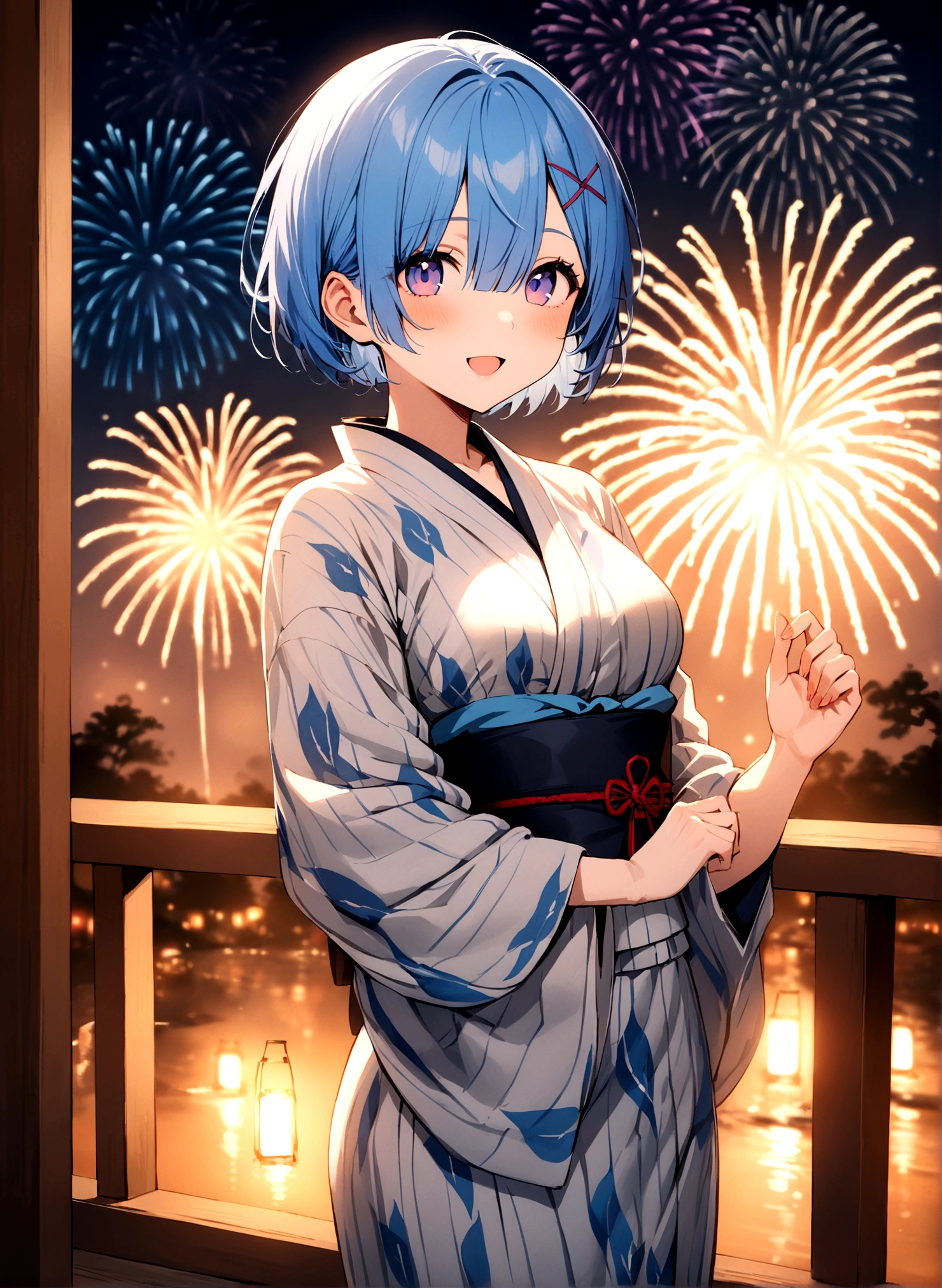 masterpiece, Highest quality, Rem, One girl,,Beautiful eyes,Blue Hair,yukata,whole body,Fireworks display