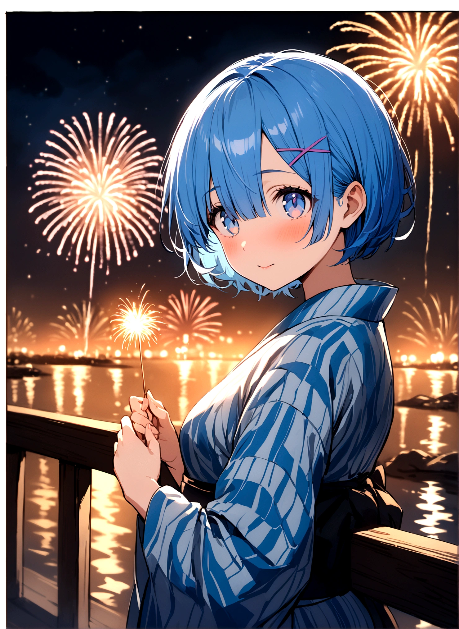 masterpiece, Highest quality, Rem, One girl,,Beautiful eyes,Blue Hair,yukata,whole body,Fireworks display