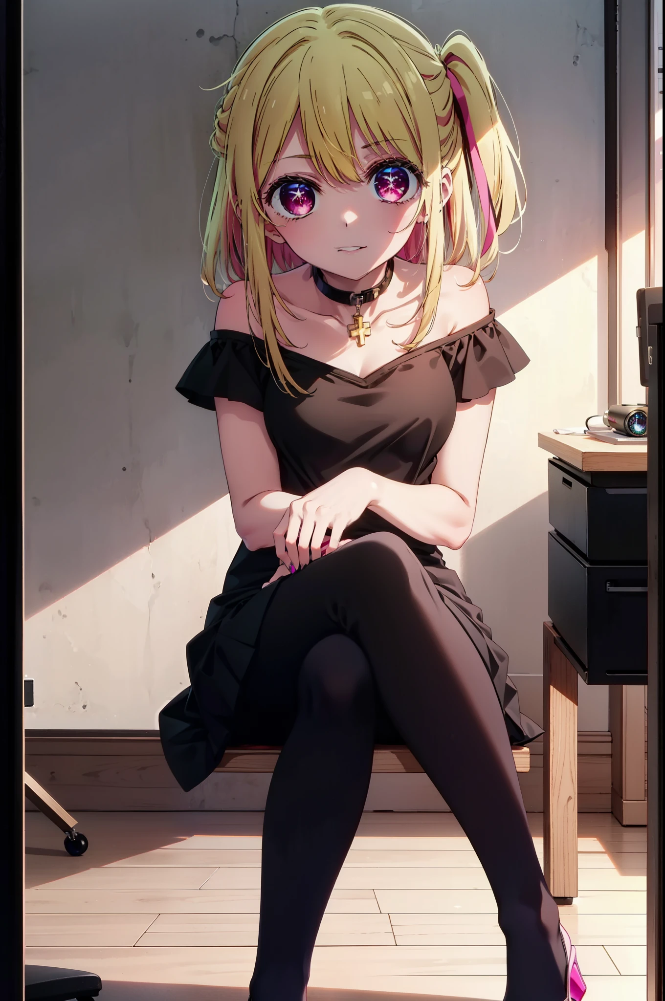 rubyhoshino, Hoshino Ruby, Long Hair, bangs, Blonde, (Pink Eyes:1.3), (Symbol-shaped pupil:1.5), Multicolored Hair, Two-tone hair, happy smile, smile, Close your mouth,
break, Cold Shoulder Shirt,Short sleeve,Long skirt,Black pantyhose,Stiletto heels,There is a computer on the table,sitting cross-legged on a chair,Are standing,interior,whole bodyがイラストに入るように,Daytime,Clear skies,
break indoors, office,
break looking at viewer, whole body,
break (masterpiece:1.2), Highest quality, High resolution, unity 8k wallpaper, (figure:0.8), (Beautiful attention to detail:1.6), Highly detailed face, Perfect lighting, Highly detailed CG, (Perfect hands, Perfect Anatomy),