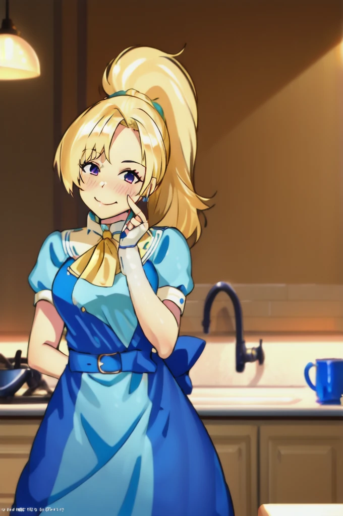 (masterpiece, best quality:1.2), cowboy shot, solo, 1girl, piper, smile, looking at viewer, (hand on own cheek:1.2), blonde hair, ponytail, blue dress, puffy short sleeves, fingerless gloves, kitchen
