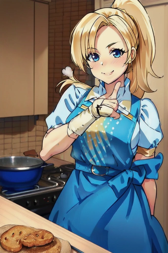 (masterpiece, best quality:1.2), cowboy shot, solo, 1girl, piper, smile, looking at viewer, (hand on own cheek:1.2), blonde hair, ponytail, blue dress, puffy short sleeves, fingerless gloves, kitchen
