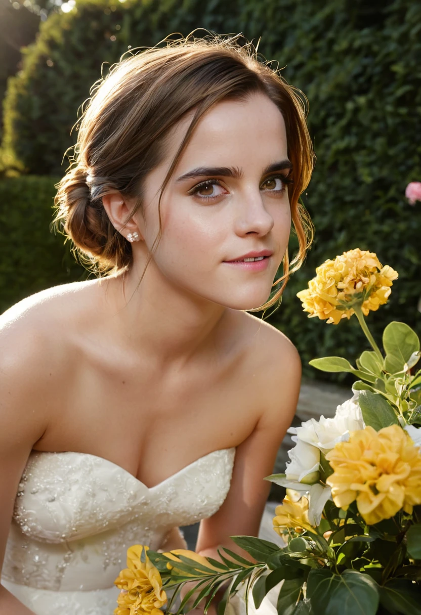 intricate portrait of Emma Watson and Constance Hatchaway getting married, beautiful detailed eyes, beautiful detailed lips, extremely detailed eyes and face, longeyelashes, intimate wedding ceremony, bride and bride, elegant wedding dress, outdoor garden setting, blooming flowers, warm summer lighting, highly detailed, photorealistic, 8k, masterpiece, cinematic lighting, lush foliage, golden hour, romantic, breathtaking, dreamlike, emotional, ethereal