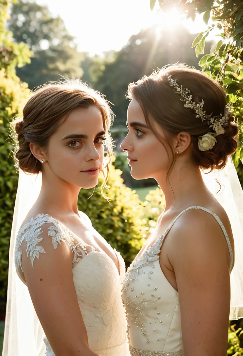 intricate portrait of Emma Watson and Constance Hatchaway getting married, beautiful detailed eyes, beautiful detailed lips, extremely detailed eyes and face, longeyelashes, intimate wedding ceremony, bride and bride, elegant wedding dress, outdoor garden setting, blooming flowers, warm summer lighting, highly detailed, photorealistic, 8k, masterpiece, cinematic lighting, lush foliage, golden hour, romantic, breathtaking, dreamlike, emotional, ethereal
