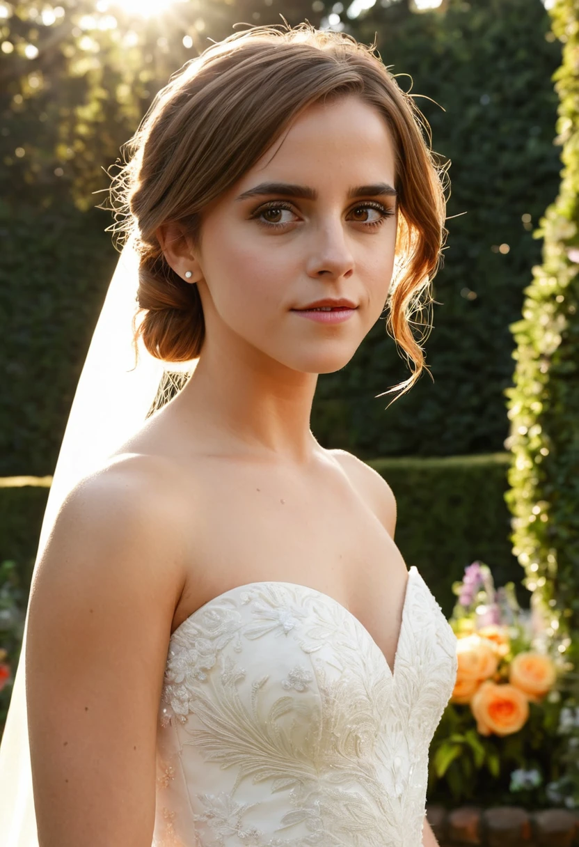intricate portrait of Emma Watson and Constance Hatchaway getting married, beautiful detailed eyes, beautiful detailed lips, extremely detailed eyes and face, longeyelashes, intimate wedding ceremony, bride and bride, elegant wedding dress, outdoor garden setting, blooming flowers, warm summer lighting, highly detailed, photorealistic, 8k, masterpiece, cinematic lighting, lush foliage, golden hour, romantic, breathtaking, dreamlike, emotional, ethereal