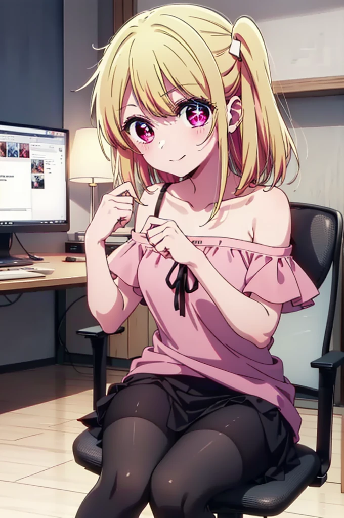 rubyhoshino, Hoshino Ruby, Long Hair, bangs, Blonde, (Pink Eyes:1.3), (Symbol-shaped pupil:1.5), Multicolored Hair, Two-tone hair, happy smile, smile, Close your mouth,
break, Cold Shoulder Shirt,Short sleeve,Long skirt,Black pantyhose,Stiletto heels,There is a computer on the table,sitting cross-legged on a chair,Are standing,interior,whole bodyがイラストに入るように,Daytime,Clear skies,
break indoors, office,
break looking at viewer, whole body,
break (masterpiece:1.2), Highest quality, High resolution, unity 8k wallpaper, (figure:0.8), (Beautiful attention to detail:1.6), Highly detailed face, Perfect lighting, Highly detailed CG, (Perfect hands, Perfect Anatomy),
