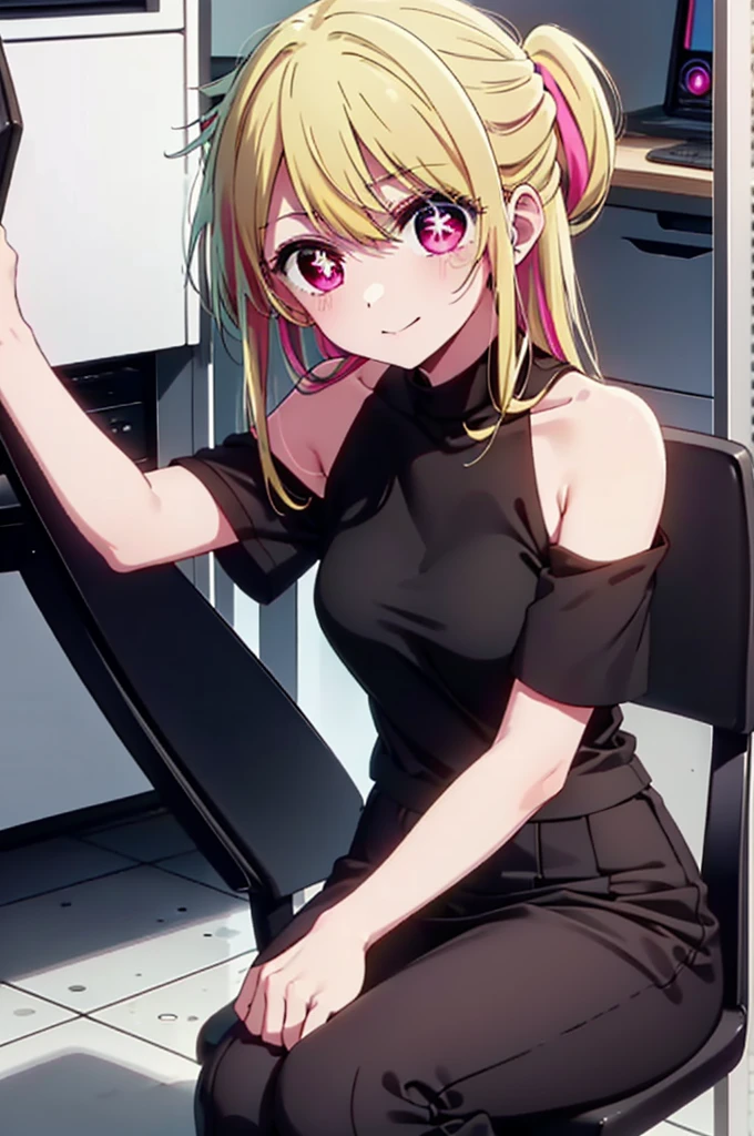rubyhoshino, Hoshino Ruby, Long Hair, bangs, Blonde, (Pink Eyes:1.3), (Symbol-shaped pupil:1.5), Multicolored Hair, Two-tone hair, happy smile, smile, Close your mouth,
break, Cold Shoulder Shirt,Short sleeve,Long skirt,Black pantyhose,Stiletto heels,There is a computer on the table,sitting cross-legged on a chair,Are standing,interior,whole bodyがイラストに入るように,Daytime,Clear skies,
break indoors, office,
break looking at viewer, whole body,
break (masterpiece:1.2), Highest quality, High resolution, unity 8k wallpaper, (figure:0.8), (Beautiful attention to detail:1.6), Highly detailed face, Perfect lighting, Highly detailed CG, (Perfect hands, Perfect Anatomy),