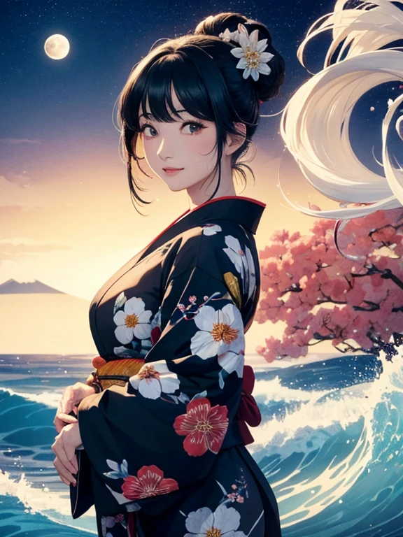 (Highest quality、masterpiece、High resolution、8K)、Ukiyo-e、Vibrant colors、Katsushika Hokusai、1 female、Black hair Japanese topknot、whole body、The kimono has a vivid floral pattern on a white background.、Official Art、背景はUkiyo-e風、White waves and Mt. Fuji、Flowers and Moon、White waves and the moon