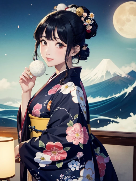 (Highest quality、masterpiece、High resolution、8K)、Ukiyo-e、Vibrant colors、Katsushika Hokusai、1 female、Black hair Japanese topknot、whole body、The kimono has a vivid floral pattern on a white background.、Official Art、背景はUkiyo-e風、White waves and Mt. Fuji、Flowers and Moon、White waves and the moon