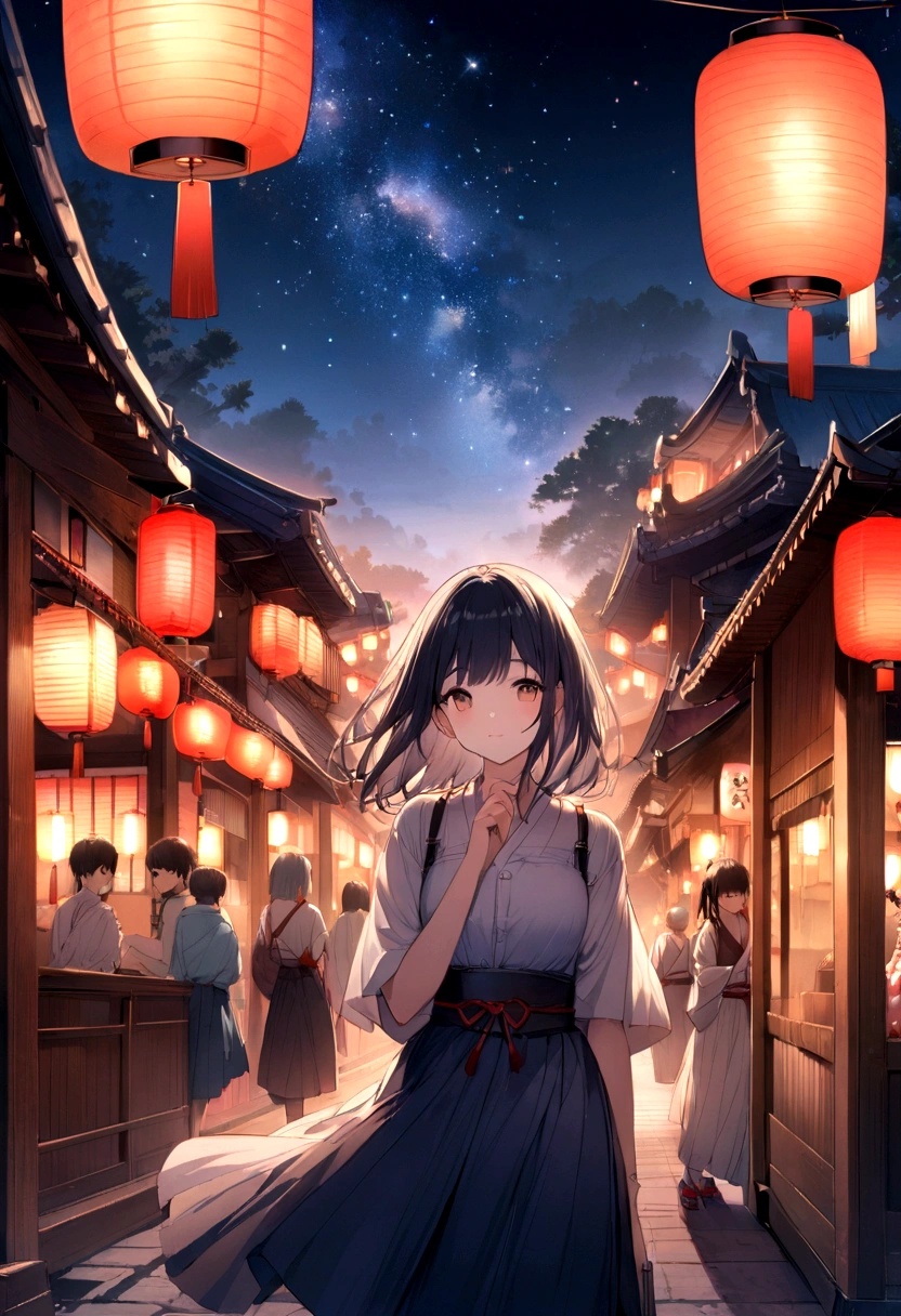 Summer festival、Japan、Lantern、Starry Sky、Landscape painting