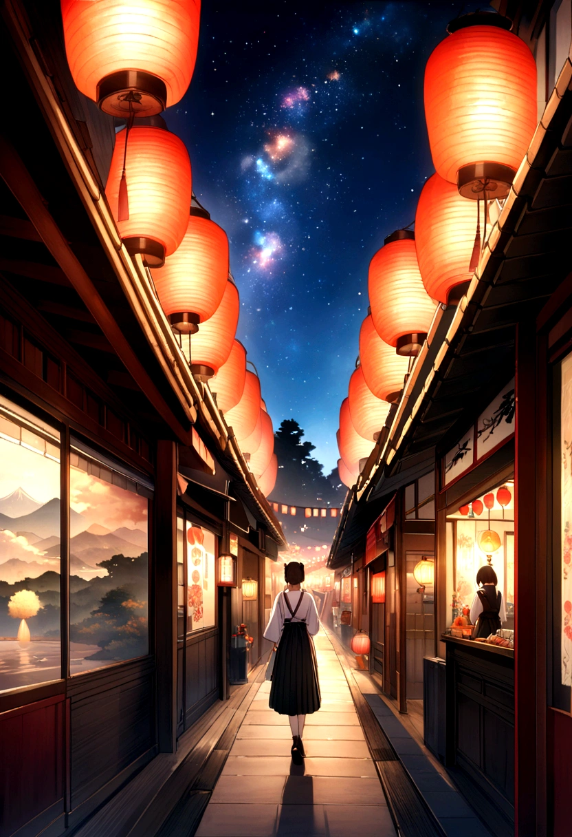 Summer festival、Japan、Lantern、Starry Sky、Landscape painting
