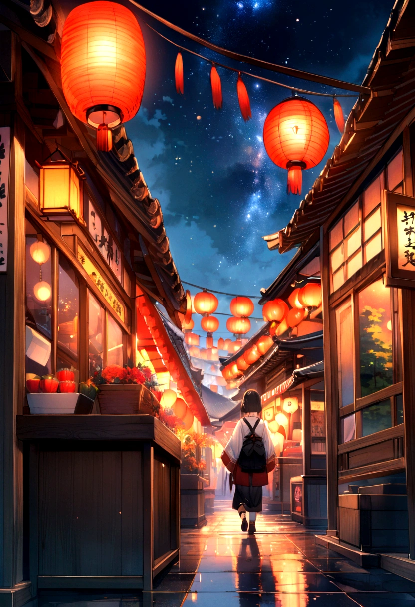 Summer festival、Japan、Lantern、Starry Sky、Landscape painting