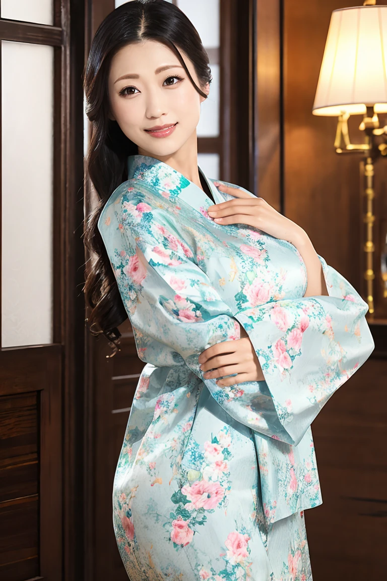 (Highest quality、Tabletop、8K、Best image quality、Award-winning works)、(1 Beautiful Mature Woman:1.1)、(Innkeeper:1.1)、(Elegant floral kimono:1.2)、Perfect Mature Woman Portrait Photo、Glowing Skin、Standing Elegantly、Face close-up、(Blurred elegant luxury hotel background:1.3)、Glowing White Skin、Very white skin、(Voluptuous body:1.1)、(Large Breasts:1.2)、(Accentuate your body lines:1.1)、The most elegant posture