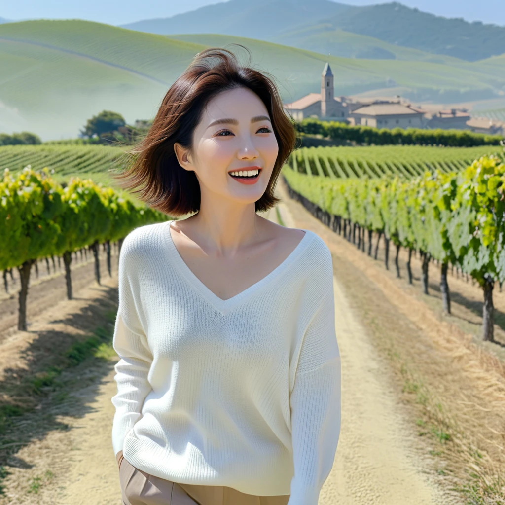 8k best picture quality, Beautiful 36-year-old Korean woman, My skin is good and my eyes are clear and pretty... clear and nice weather. Chest size 34 inches, italian countryside, past the vineyard, A cathedral can be seen in the fog in the distance.., The back background is realistic and vivid quality., Short and medium hair blowing in the wind, Wearing a white shirt under a luxurious knit. casual pants, laugh. the background is clear, Short and slim Korean woman, stand far away, Photo taken with a wide-angle lens, 1 woman