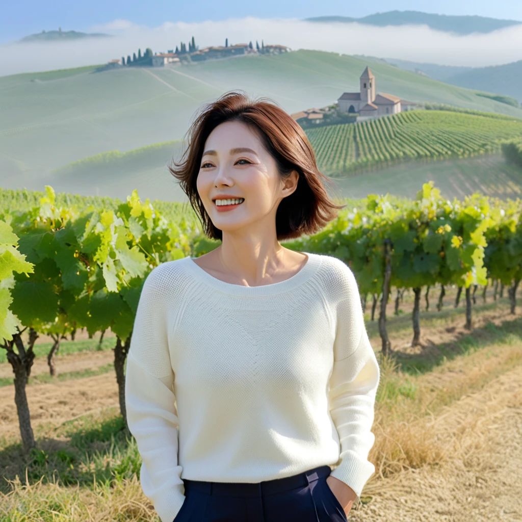 8k best picture quality, Beautiful 36-year-old Korean woman, My skin is good and my eyes are clear and pretty... clear and nice weather. Chest size 34 inches, italian countryside, past the vineyard, A cathedral can be seen in the fog in the distance.., The back background is realistic and vivid quality., Short and medium hair blowing in the wind, Wearing a white shirt under a luxurious knit. casual pants, laugh. the background is clear, Short and slim Korean woman, stand far away, Photo taken with a wide-angle lens, 1 woman