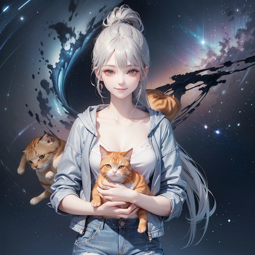 (((Holding a cute orange fat cat with super short legs in both hands,Correct anatomy))),((Highest quality,masterpiece,一位Mature美女,Super thin air parted bangs,Light blue denim gray hooded jacket,Blue gray high ponytail super long straight hair,Double sideburn curly hair,Hair ends curled in,Gray powder clothes,Exposed clavicle,Show earlobes)),((Mature,Smile slightly,Look at the camera head-on)),starry sky galaxy background,Matte denim texture