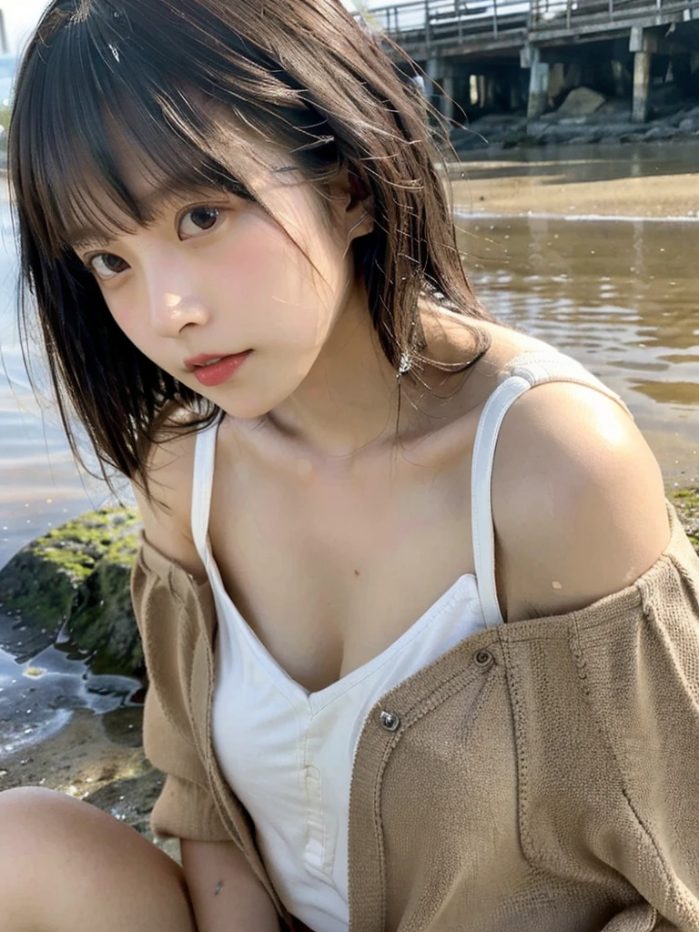highest quality,RAW Photos , 19 year old Japanese female idol, From above , Face Focus , Face close-up ,
Selfie,Lying on the ground, ((Off-the-shoulder tops , Cold shoulder top , clavicle , Exposing shoulders ,Cleavage ,))short hair, Bowl Cut ,Cute Face ,Edgy,Drooping ,clavicle,Muddy Waters , Overflowing ,Wet ,Selfie, Pale skin,At the Beach, rain,night,