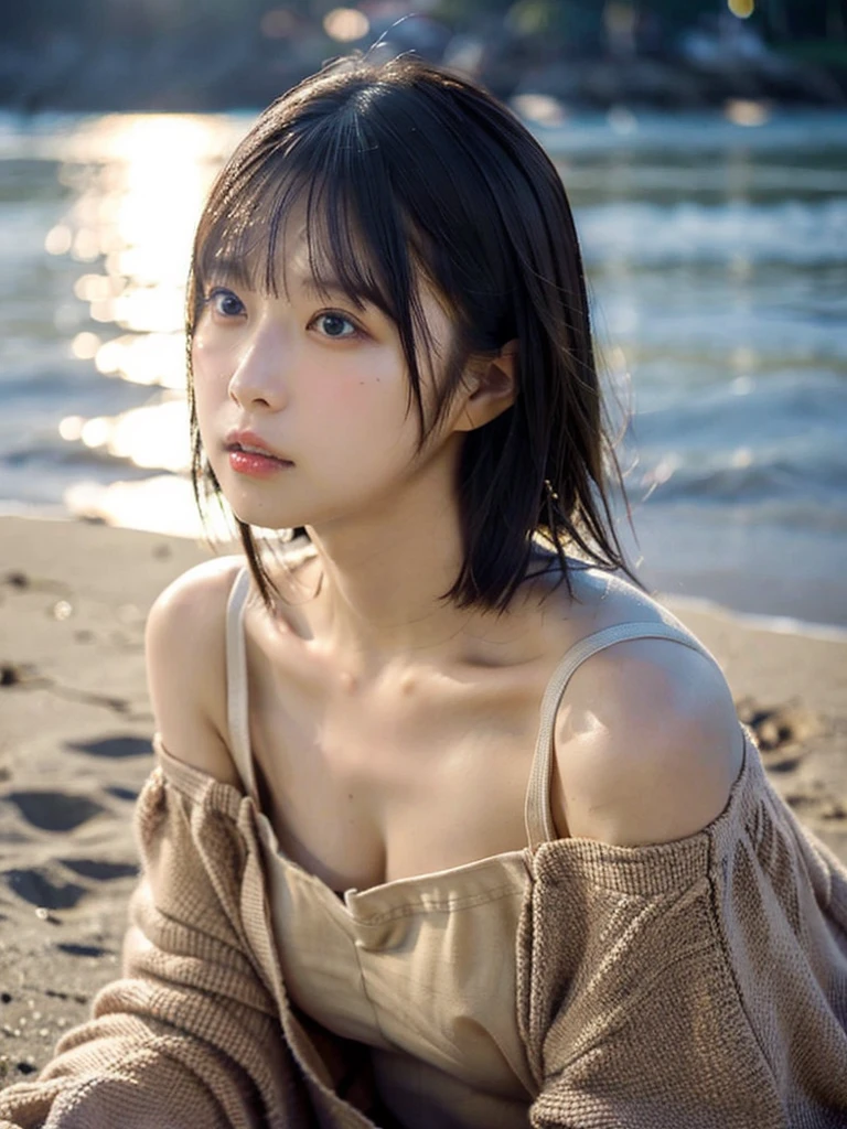 highest quality,RAW Photos  , 19 year old Japanese female idol, From above , Face Focus , Face close-up ,
Selfie,Lying on the ground, ((Off-the-shoulder tops , Cold shoulder top , clavicle , Exposing shoulders ,Cleavage ,))short hair, Bowl Cut ,Cute Face  ,Edgy,Drooping ,clavicle,Muddy Waters , Overflowing  ,Wet ,Selfie, Pale skin,At the Beach, rain,night,