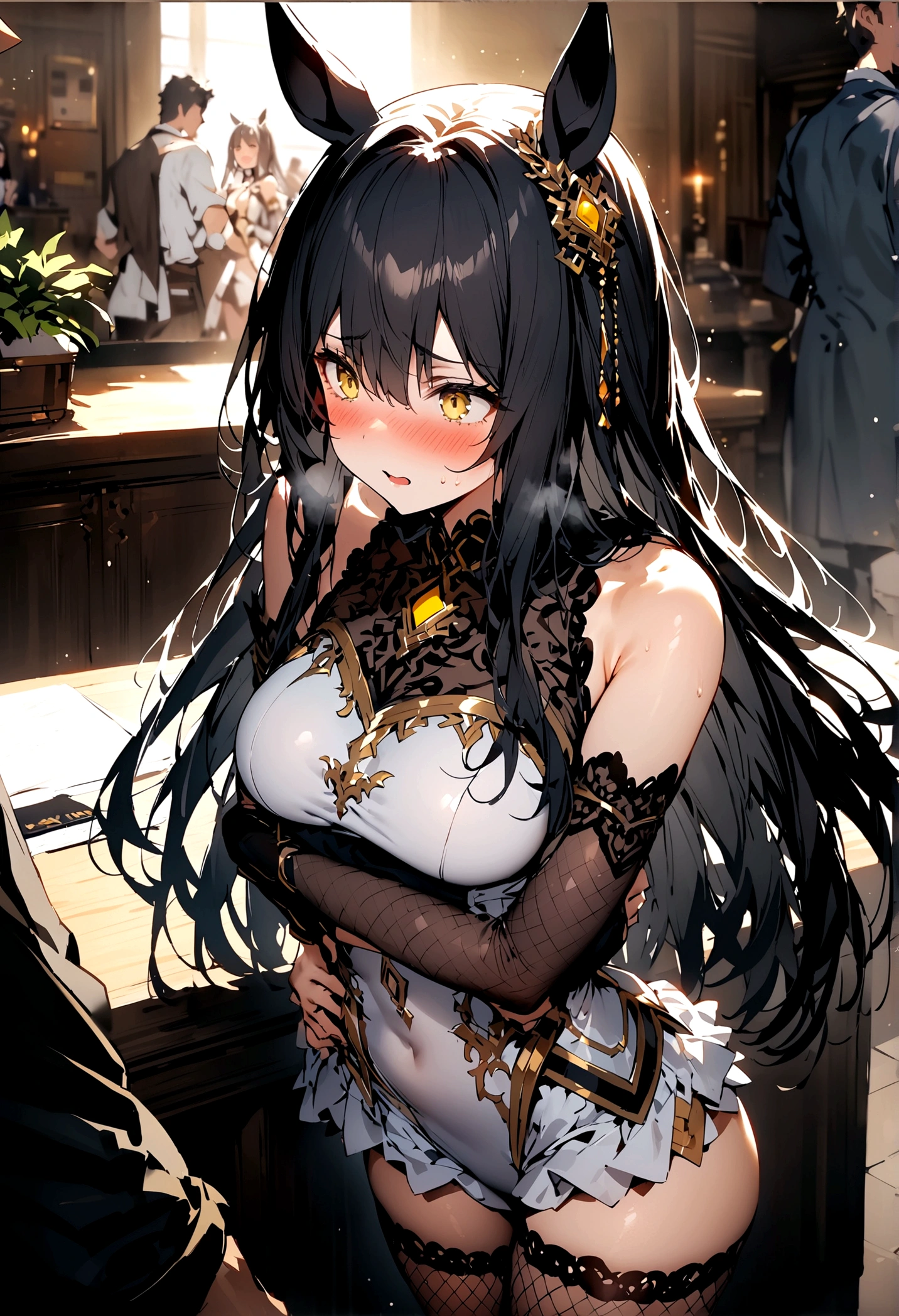 Browsing Caution,masterpiece,Highest quality,High resolution,Very detailed,One girl, Manhattan Cafe \(Horse Girl\)、Yellow Eyes、Black Hair、Long Hair、 Long Bangs、 Horse ears、White leotard,High Leg,Removable sleeves,Micro Mini Skirt,Fishnet tights,Adventurer&#39;guild,Reception counter,Embarrassing,blush,Faces of Expectation,is nervous,(Molester),(Men with strong faces),A man puts his hands on her waist and hugs her