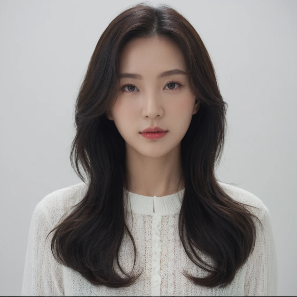 Best Quality, 8k, Masterpiece, (Portrait: 1.3), (photo realistic:1.4), (hyper realistic:1.4), Sharp Focus, looking at viewer, (smoother lighting:1.1), (increase cinematic lighting quality:0.9), realistic lighting, backlighting, light on face, ray trace, (brightening light:1.2), (Increase quality:1.4), sharp detail, (best quality real texture skin:1.4), finely detailed eyes, black_eyes, finely detailed face, 25 year old Korean woman, (white formal_shirt:1.4), (Create an image maintaining the original base model hairstyle:1.5)