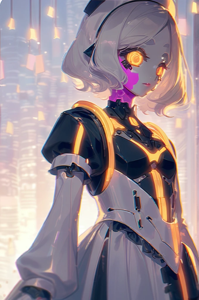 ((Лучшее качество)), ((шедевр)), (подробный), {1 girl}, [productive], medium length hair, small breasts, thick eyebrows, kogalym, yandere, hands at the seams, cyborg, mechanical cyber eyes yellow, white hair, lipstick, pink lips, doll look, cyber skin, voluminous maid dress, maid cap,