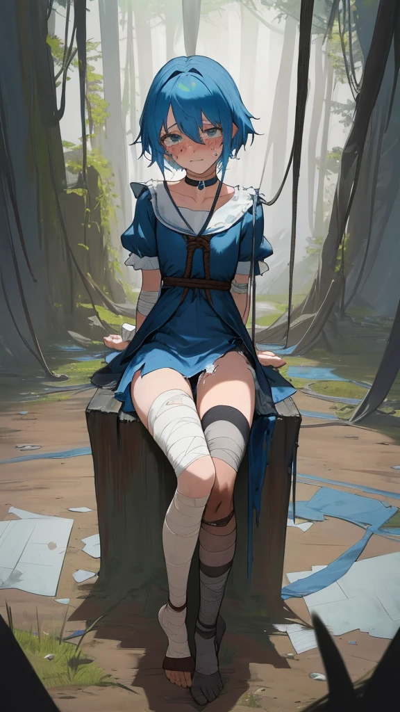 girl, confuses me, blue short dress, choker, panties visible, trembling, fantasy world, fantasy landscape, rope on the leg, bandage on leg, is sitting, spread legs, torn dress and holes, Tears, cum on panties and face, hands tied behind back