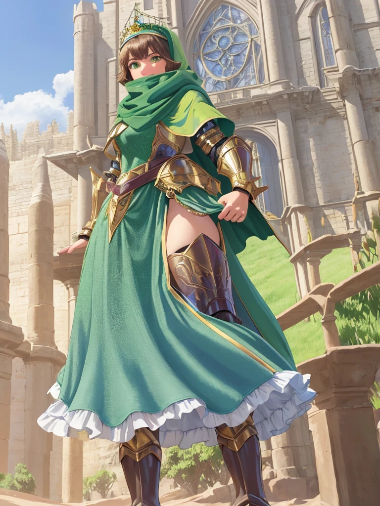 masterpiece, best quality:1.2), 1girl, smile, looking at viewer, green eyes, short brown hair, princess, armor, blue hijab headscarf, pauldrons, armored dress, green cloak cape, wearing puffy blue ballgown skirt, golden tiara with green gem, armored boots, fingerless gloves, standing in front of desert castle