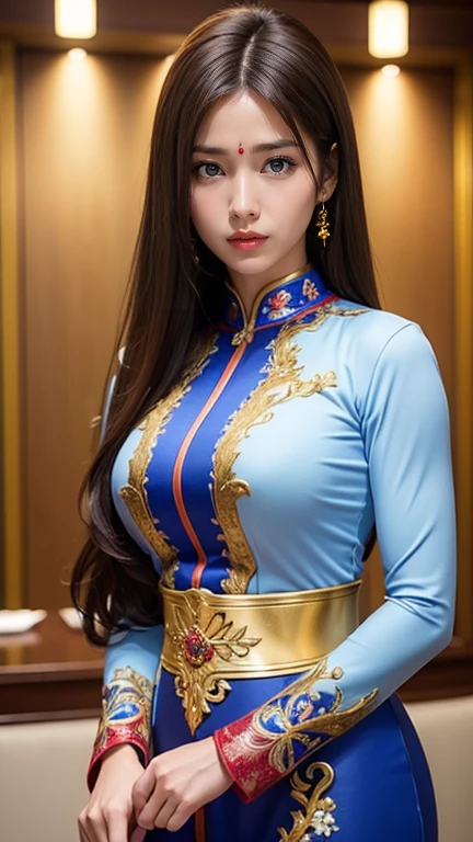 One Girl, Highest quality、masterpiece、Ultra-high resolution、(Cowboy Shot),(Realistic), (Ultra-realistic), (Ultra-high resolution), (Ultra-high resolution), (One Girl), ((Ultra-Realistic Details)),(Realistic:1.4)Beautiful Face, Cute face, 、RAW Photos, Highest quality,masterpiece,Highest quality,Ultra-high resolution),Best Images, (8K, RAW Photos, Realistic), A neat and beautiful Japanese woman, Rainbow light brown straight hair, big, Sparkling blue eyes, Long eyelashes, double eyelid, Half-open crimson alluring moist big thick lips, Large Breasts, Side bust, Down , Abdominal muscles, thin, Perfect proportions, whole body, Black ao dai with gold embroidery, Blurred background red