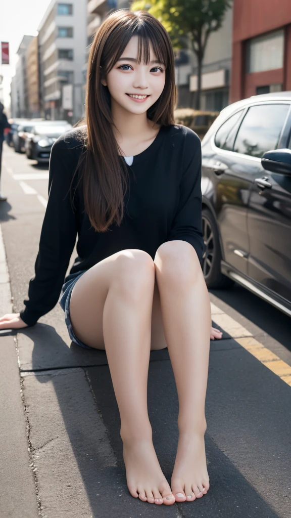 18-year-old、Tabletop, Highest quality, shape, Very detailed, In detail, High resolution, 8k wallpaper, Perfect dynamic composition, Beautiful details, Super long hair、smile、Blonde Hair、Shortcuts、Street Snap、Silver Eyes、Beautiful feet、Tight preading her legs、I can see your underwear