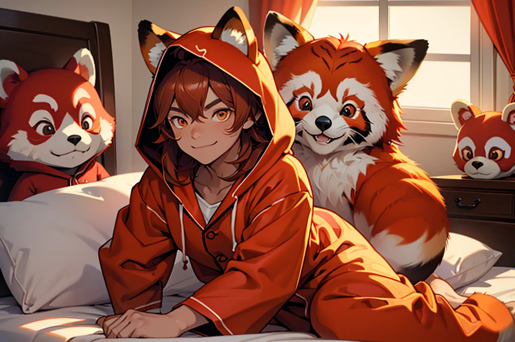 lhado eyes, perfect lighting, broad detail, detailded, deep skin,texturized skin, ,red panda costume,red and red bear costume , long sleeves, hood,,malva , long hair, orange eyes, great smile,on the  bed ,sitting between pillows brown hair, (animal hood, red panda ears. , fake animal ears, texturized skin, High details, high qualiy, best qualityer, work of art, man wearing a red panda costume ((red panda costume style pajamas), room, Stuffed animal, red pajamas 