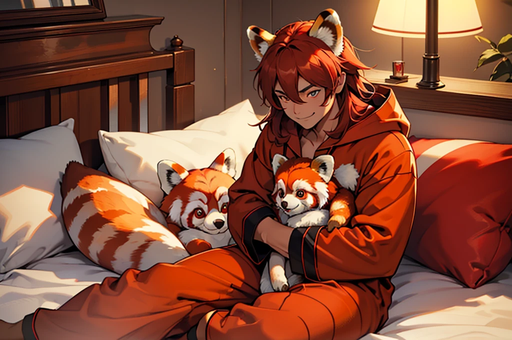 lhado eyes, perfect lighting, broad detail, detailded, deep skin,texturized skin, ,red panda costume,red and red bear costume , long sleeves, hood,,malva , long hair, orange eyes, great smile,on the  bed ,sitting between pillows brown hair, (animal hood, red panda ears. , fake animal ears, texturized skin, High details, high qualiy, best qualityer, work of art, man wearing a red panda costume ((red panda costume style pajamas), room, Stuffed animal, red pajamas 