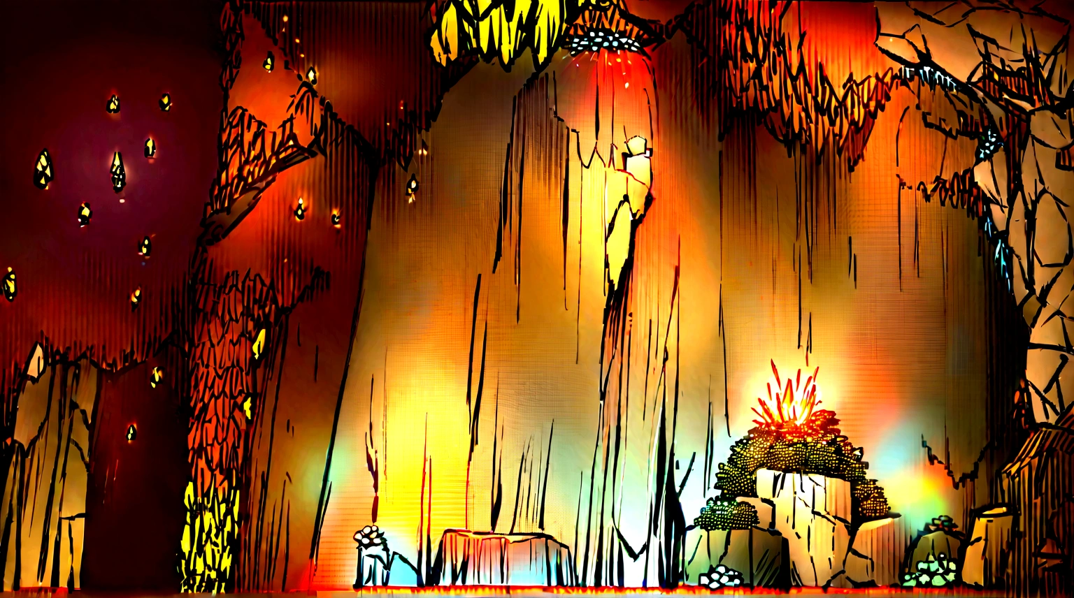 In a place full of stalactites，Artificial stone floor in the middle，There is a little bit of granular blue light above，for campfire bug eggs，There is a faint warm light shining next to the rock wall