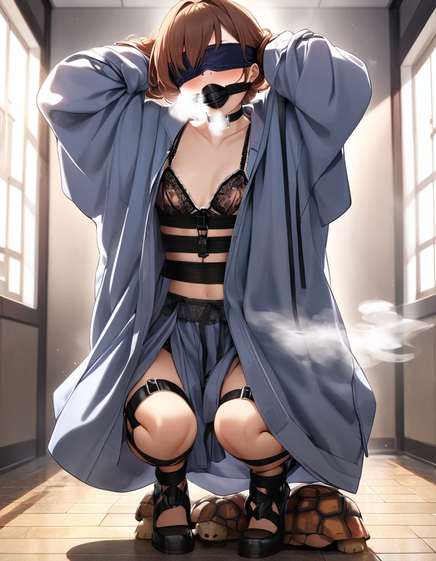 BREAK Perfect Anatomy、(High resolution:1.2)、Incredible illustrations、(Cute illustrations:1.2)、(nfsw) (cinematic angle,solo focus,) (Beautiful background(school building hallway), 1girl(brown hair,twin tails, tanned skin: 1.3) 1girl((a girl,slender 1.7meters, 45kg, (sailor uniform,blindfold,gag.handcuffs)(restrained,tortoise shell bondage:3.8,oversized clothes), lingerie,breath:1.5),(squatting,arms behind head)